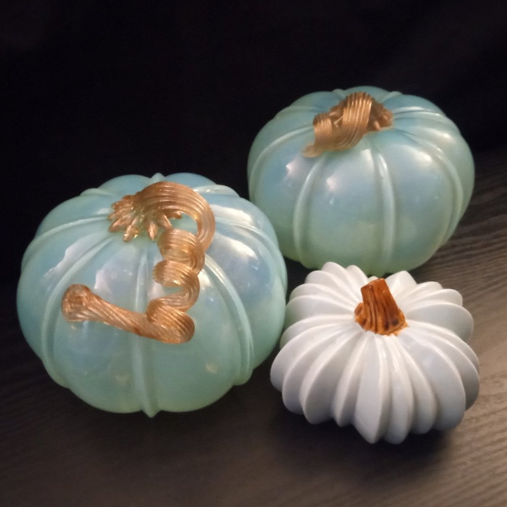 Set of 3 -  Stunning Art Glass Pumpkin Hand Blown Turquoise and Amber